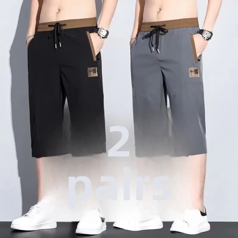 

Ice Silk Sports Seven-Foot Pants Men Summer Thin Large Size Breathable Qui-Drng orts Loose Casual 7-Foot Pants