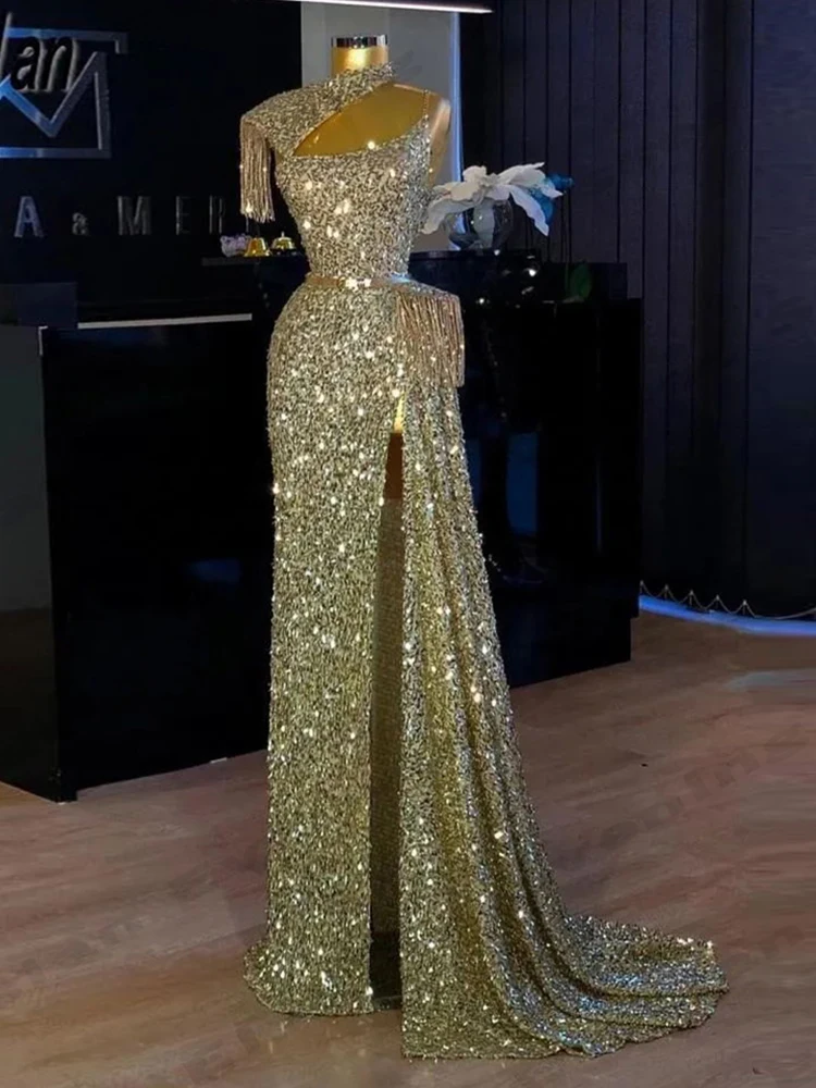 Vestidos de noite frisantes para mulheres fora do ombro, manga curta, vestidos de baile de fenda alta, sexy e luxuoso, elegante e elegante, 2024