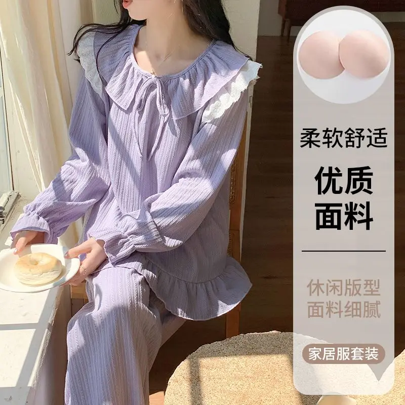 

Осень 2023, пижамные комплекты из 100% хлопка с длинными рукавами для женщин, корейская милая кружевная одежда для сна, домашняя одежда, Pijama Mujer, домашняя одежда