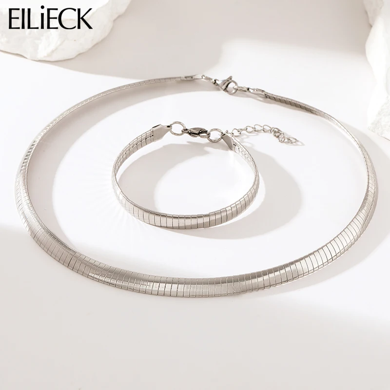 

EILIECK 316L Stainless Steel Wide Chokers Neckalce Bracelet For Women Girl New Fashion Silver Color Jewelry Set Charm Collar