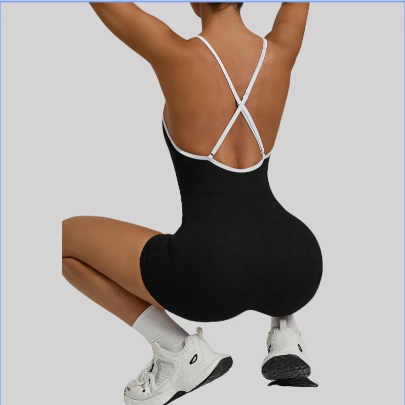 

Seamless Yoga Jumpsuit Color Block Cross Strap Push-Up Butt-Lifting Bodysuit Stretchy Yoga Outfits for Women Running Gym Workout