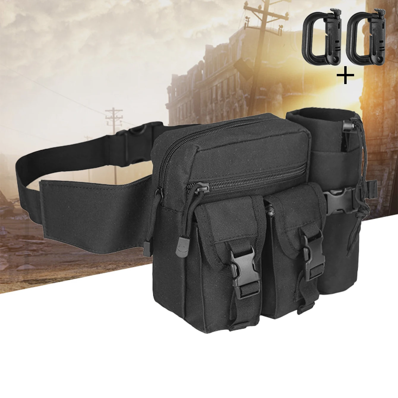 

Практичная поясная сумка для улицы с держателем для бутылки с водой системы Molle + 2 D-образными кольцами, прочная ткань, комплект для охоты, кемпинга и походов на открытом воздухе