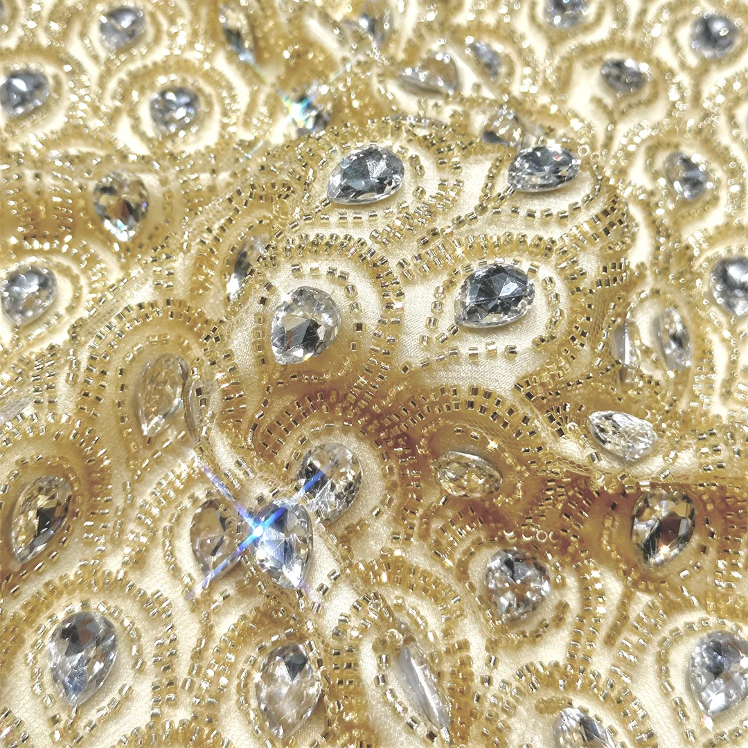 Luxury Exquisite African Nigerian Bead Lace Fabric French Tulle Drip Rhinestone Embroidery Sequins Lace for Wedding Party Dress