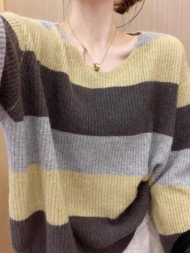 الكورية Sle كسول اللون بلو مخطط سترة صوفية أوائل الخريف Faion تصميم التخسيس العلوي محبوك أعلى المرأة Faion