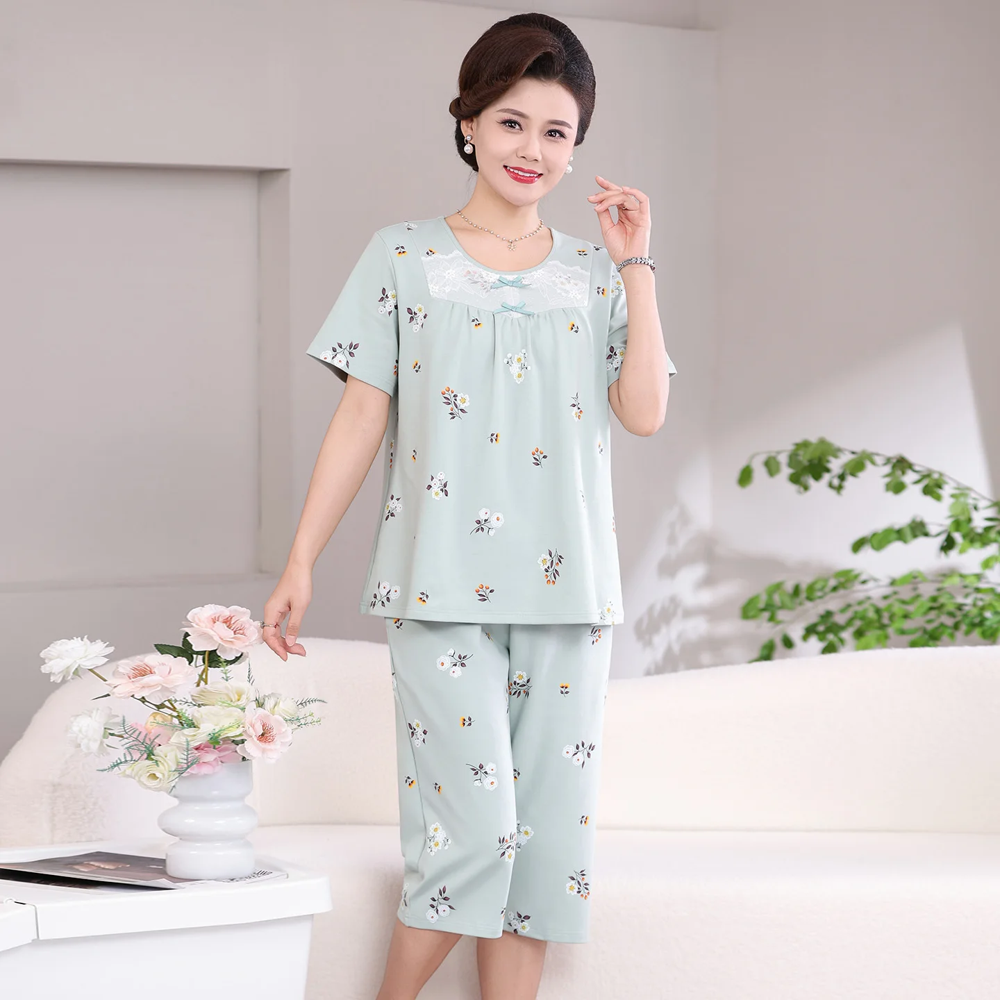 Summer Pajamas Set 100% Cotton Women Short Sleeve Tops + Calf-Length Pants Casual Tracksuit Female Elegant Sleepwear Pijamas