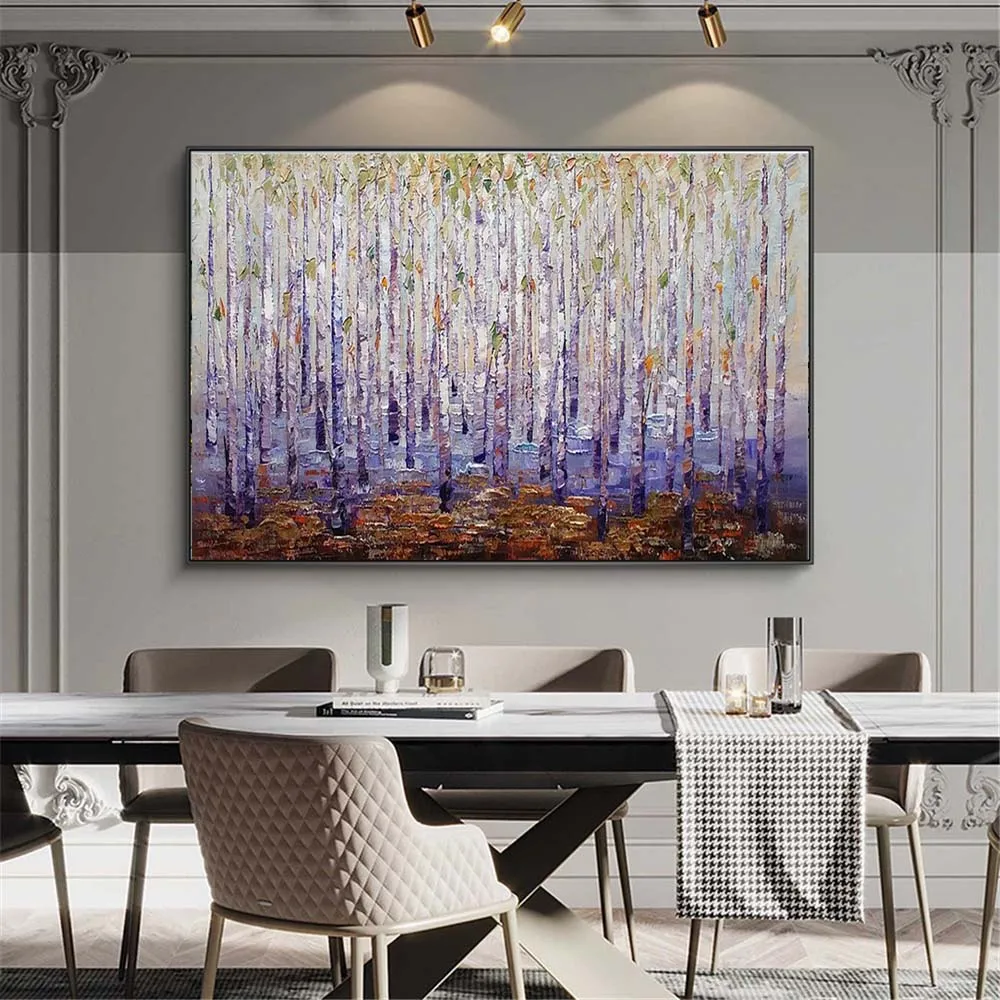 

Oversized Oil Painting 100% Handmade Knife Texture Autumn Colorful Birch Tree Landscape Wall Art Picture Abstract Forest Mural