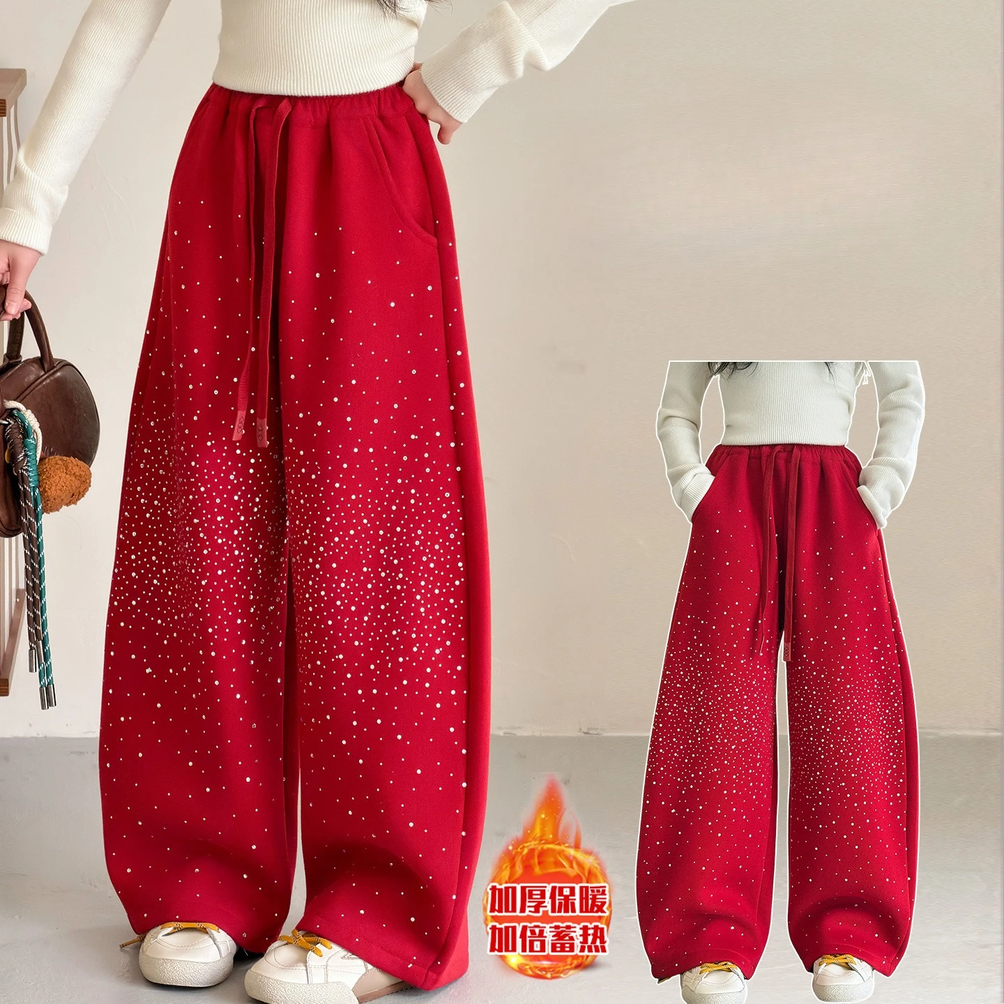 

Красные брюки на флисовой подкладке для девочек со звездами и стразами, зимние толстые теплые спортивные штаны, брюки с изогнутым ножом, новогодние повседневные длинные брюки