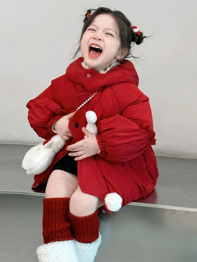 

Теплый зимний пуховик для девочек с капюшоном, мультяшный кролик, хлопок, средней длины, на молнии, модный...