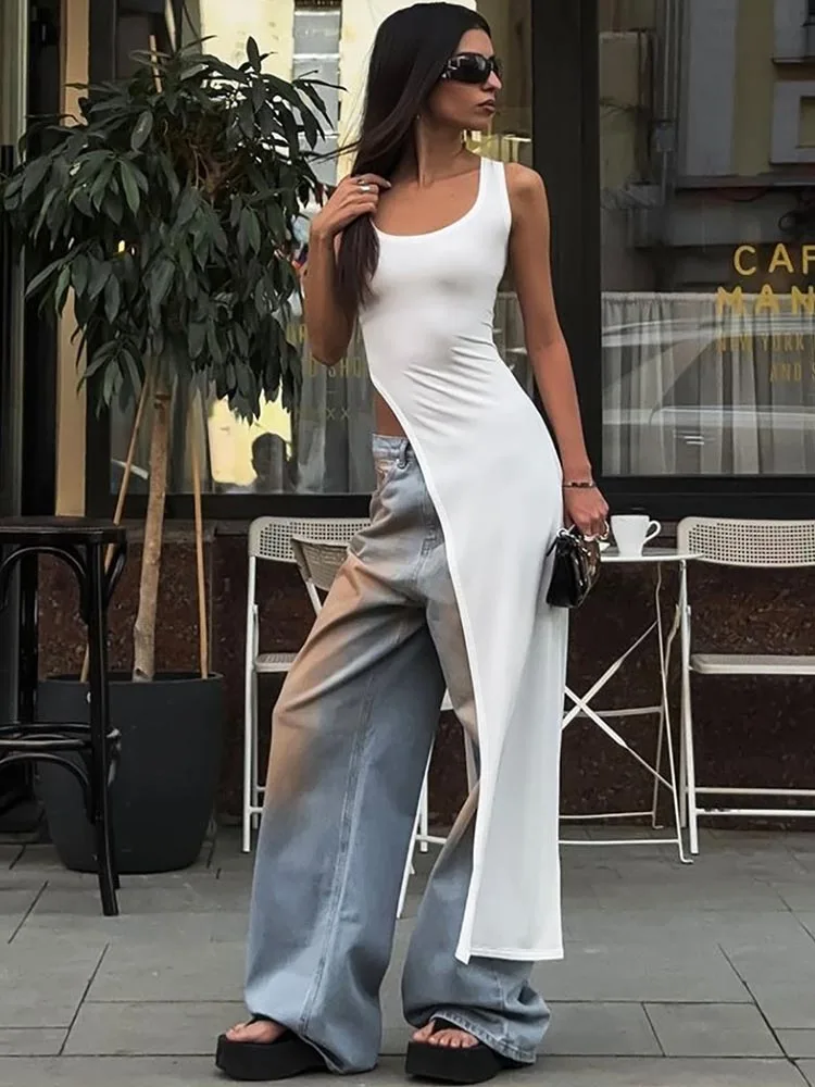 Sexy Sleeveless Side High Split Midi Dress Backless Women's Summer Party Club Streetwear Y2K Style Solid Color