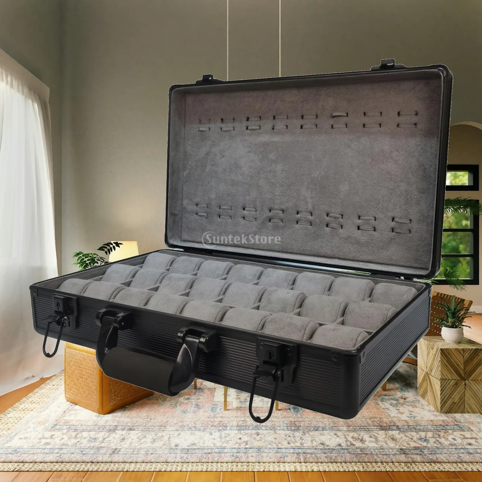 24-Slot Watch Storage Case Safeguarding Handheld Watch Display Case with Carry Handle Soft Padded Cushions Scratch-Resistant