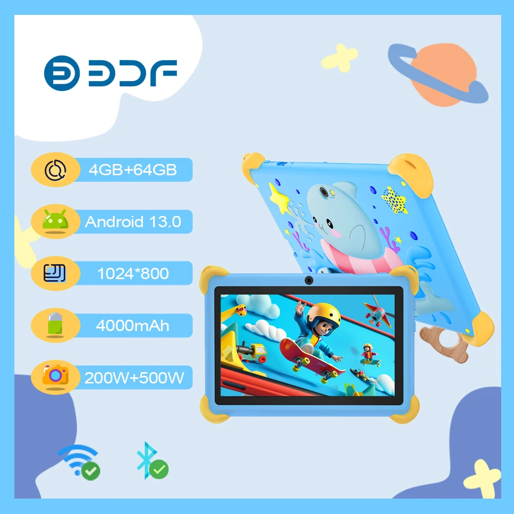 BDF tablet anak-anak, 7 inci resolusi 1024*600 RAM 4GB ROM 64GB sistem Android 13.0 baterai 4000mAh mendukung WIFI