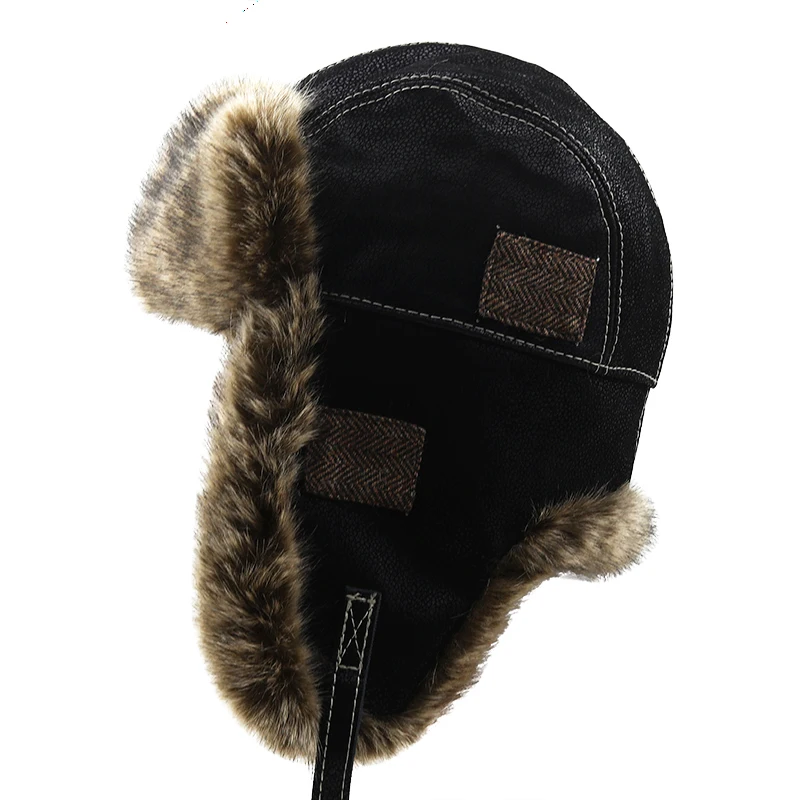 Bomber Hats Winter Men Warm Russian Ushanka Hat with Ear Flap Pu Leather Fur Trapper Cap Earflap for Women