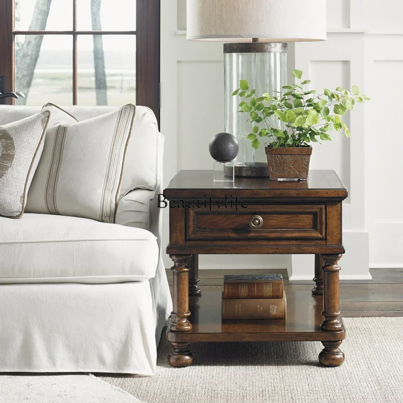 FG40American Retro Distressed Mahogany Wooden Square Corner Table European Carved Classical Bedside Table