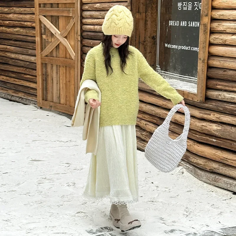 Girls Sweater 2024 Winter New Childrens Wear Girls Baby Foreign Style Comfortable Circle Pullover Sweater Casual Simple