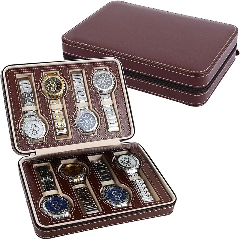 

Портативная дорожная пылезащитная встроенная коробка для часов с 2/4/8 слотами на молнии, простой домашний чехол для ювелирных изделий, кожаная сумка для поездок и подарков