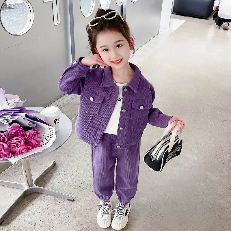 Girls Corduroy 2 Piece Sets Fashion Kids Jackets Conjuntos + Baggy Casual Jogger Pants Ensemble Korean Children Tracksuit Set