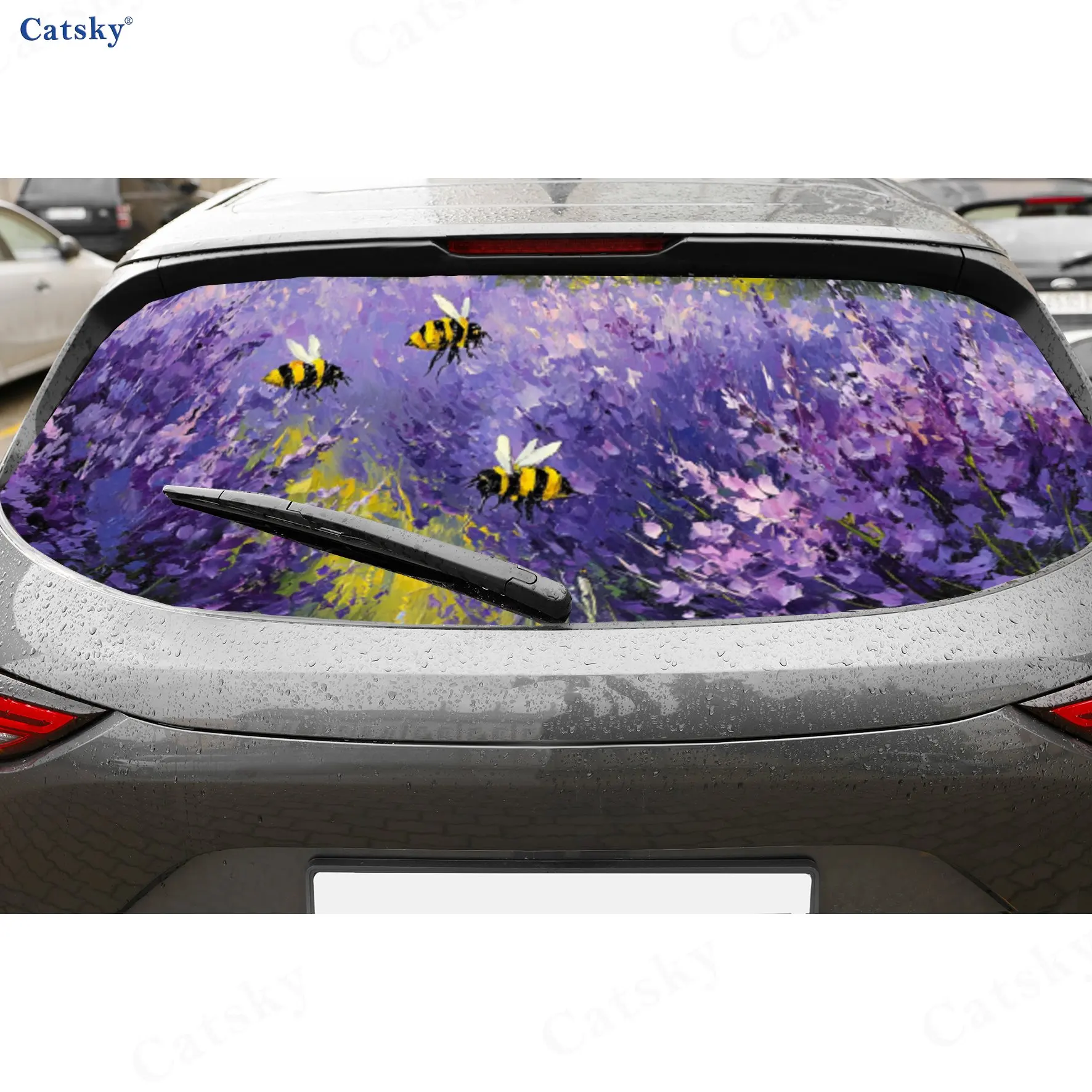 

Vibrant Lavender & Bees Charm PVC Perforated Car Vinyl Wraps, Durable Car Rear Windshield Sticker, Waterproof Car Rear Window De