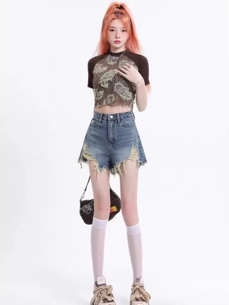 American Retro Women's 2026 Summer New Arrival High Waist A Line Wide Leg Distressed Fringe Raw Hem Denim Shorts