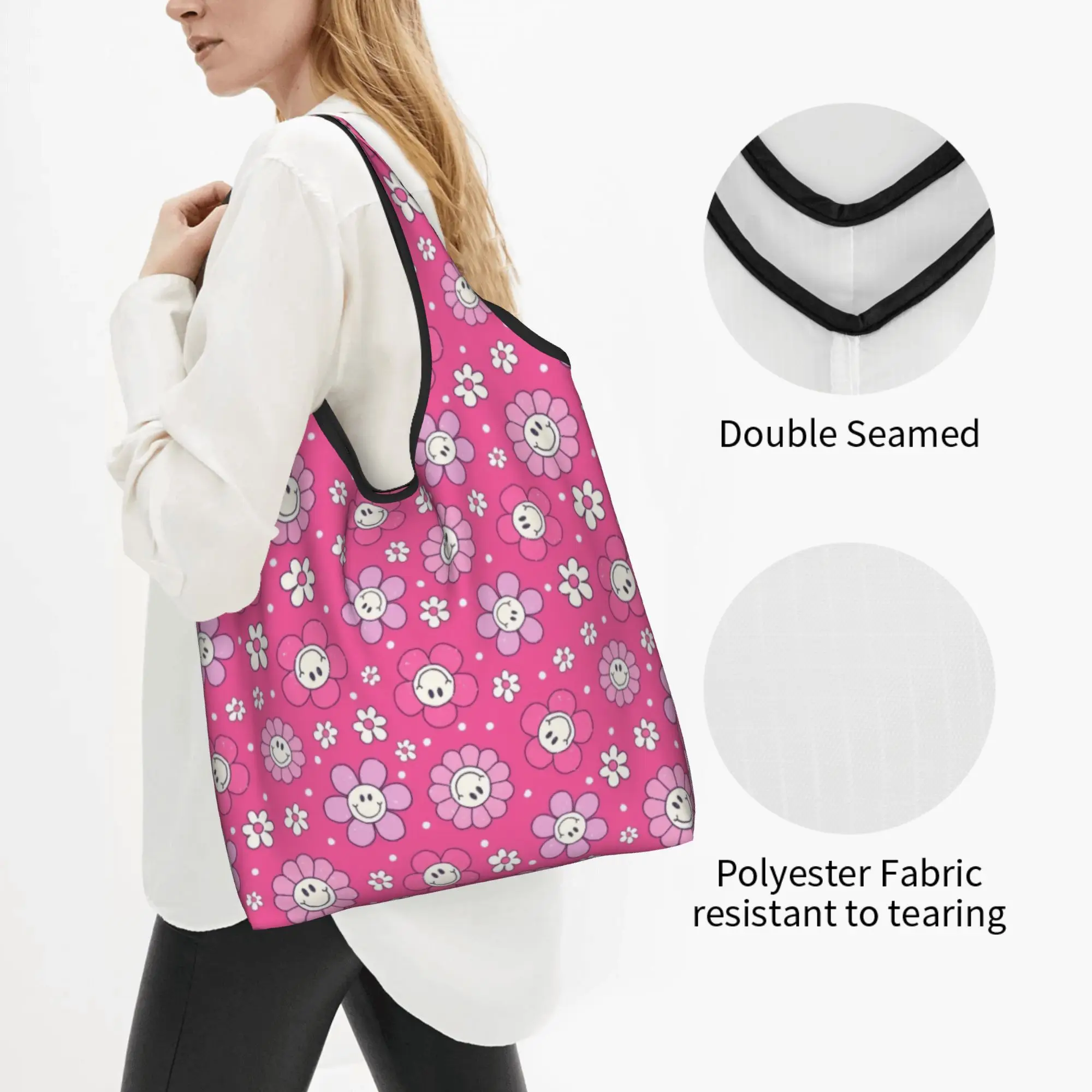 Happy Face Daisies  Groceries Tote Shopping Bag Women Cute Hot Pink Flowers  Shoulder Shopper Bag Big Capacity Handbag