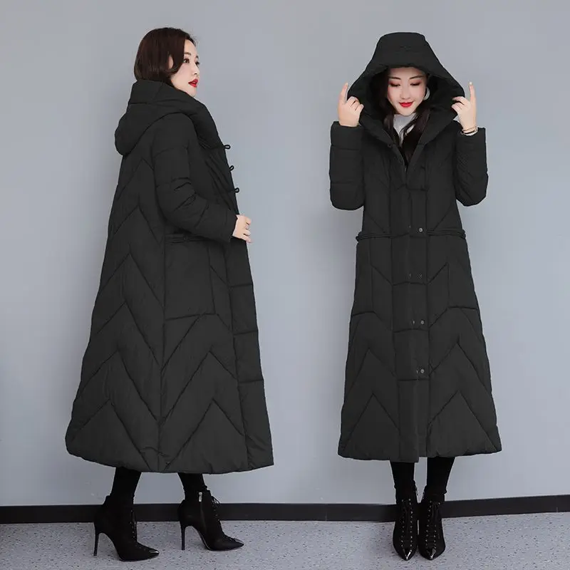 2023 Winter New Chinese Style Down Coat Women Loose Plus Size Cotton Clothes Long Below Knee Thickening Coat