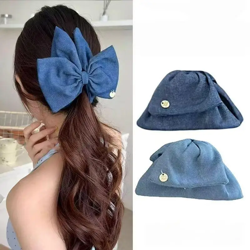 Artiglio per capelli con fiocco blu in denim dolce; Accessorio classico per coda di cavallo con clip di squalo per donna