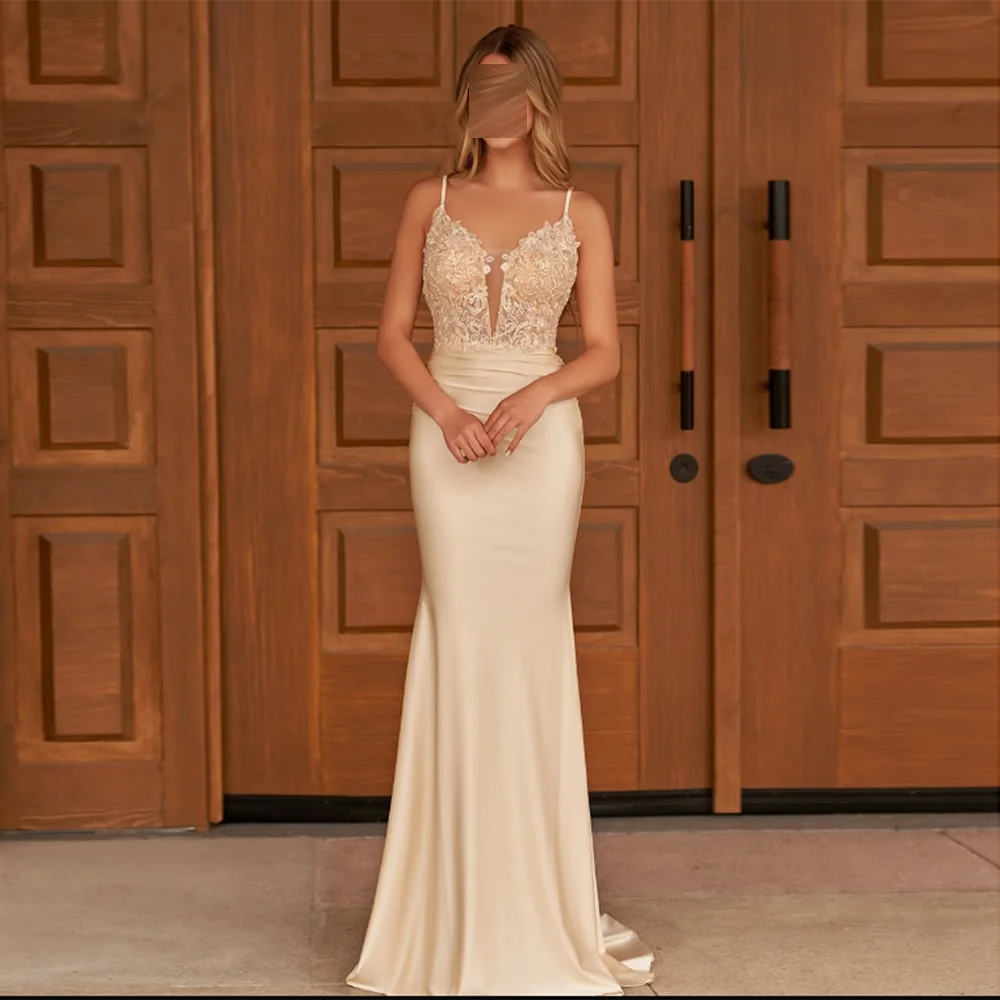 

Customized Deep V-Neck Evening Dresses Backless Lace Appliques Sleeveless mermaid Prom Gown Modern spaghetti strap Long Dress