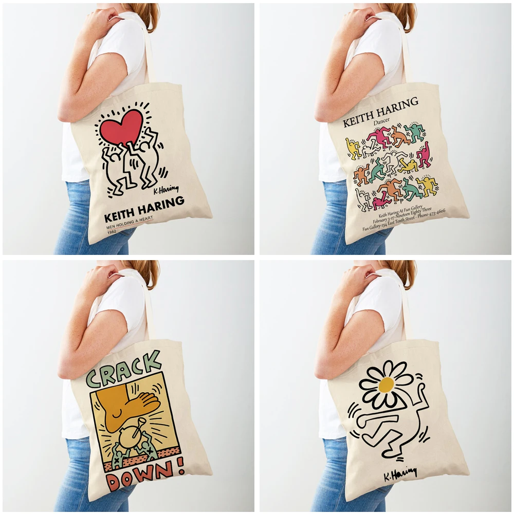 Fashion Cartoon Eco Women Shopping Bags Double Sided Print Casual Geometric Art Canvas Handbag for Child Shopper Bag