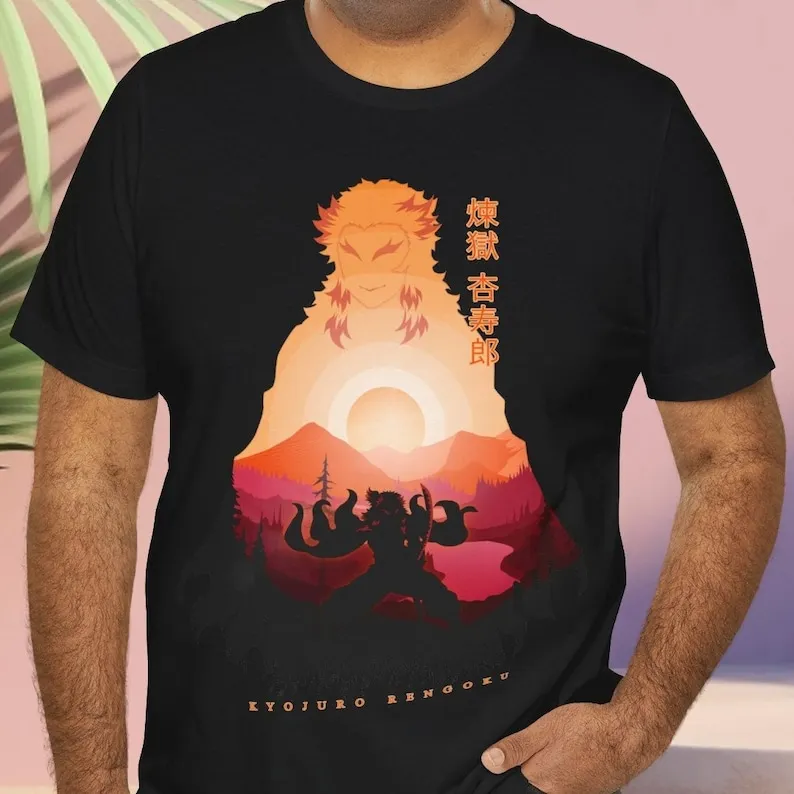 Aesthetic Breath of Flame Pillar - Vintage Silhouette Rengoku Demon Hunter Hero Anime Graphic Unisex Short Sleeve T-Shirt