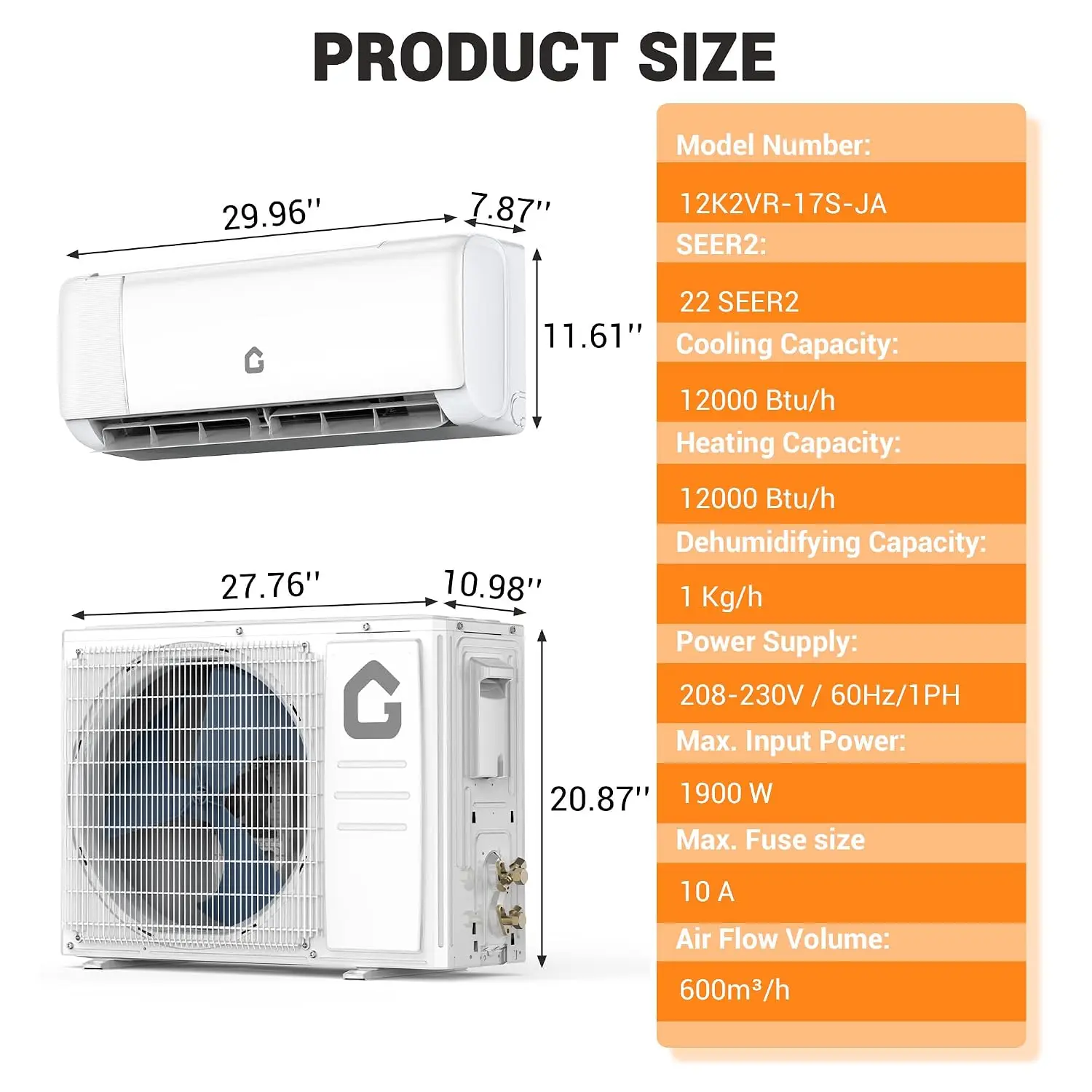 12,000 BTU Mini Split Air Conditioner,22 SEER2,750 Sq.Ft Cooling/Heating,Smart Inverter,Alexa WiFi Control, 5 Modes, Custom