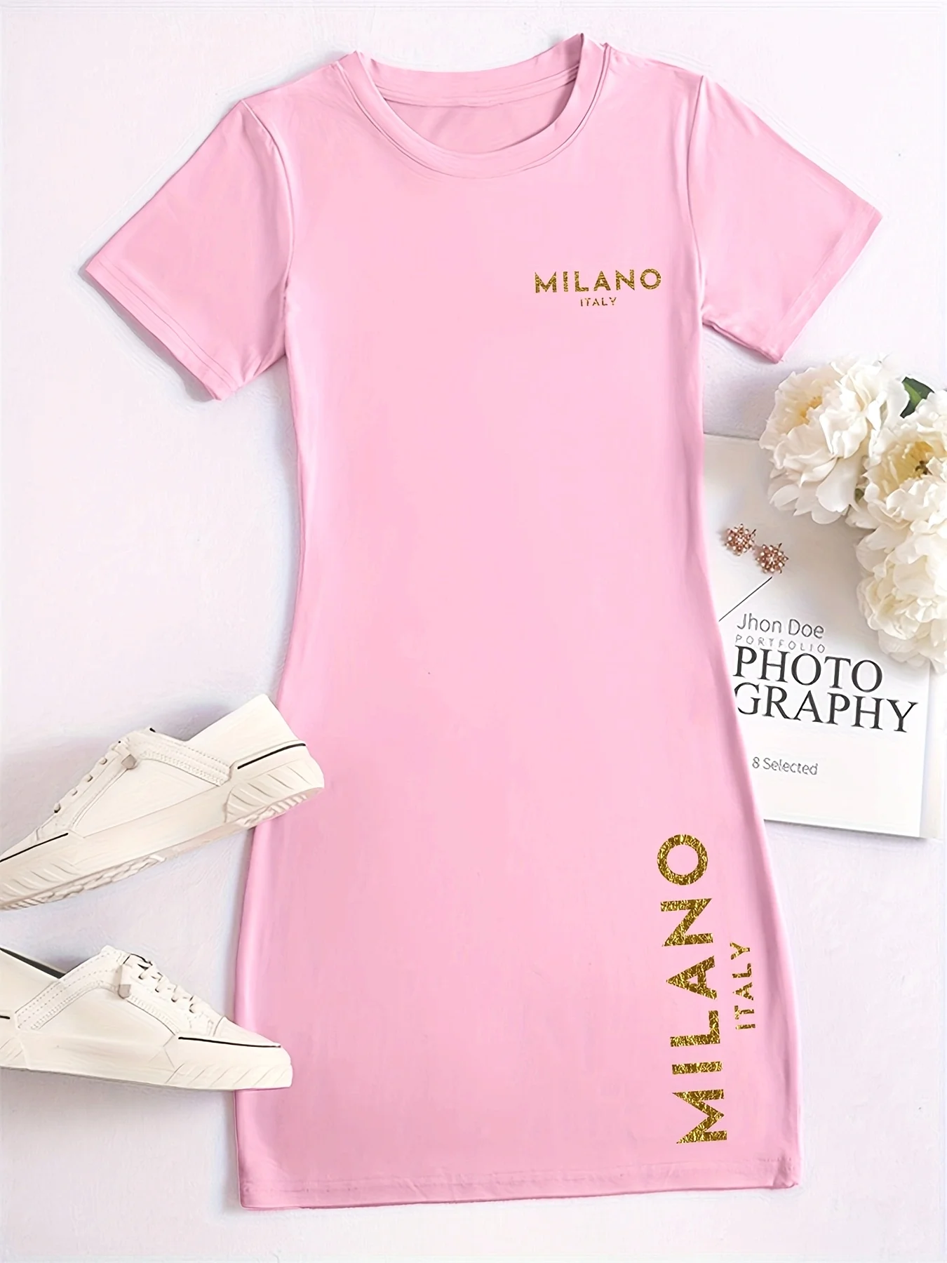 Plus Size Women's Casual Short Sleeve Dress MILANO ITALY Letter Print Round Neck T-Shirt Dress Vibrant Pink with Golden Dress