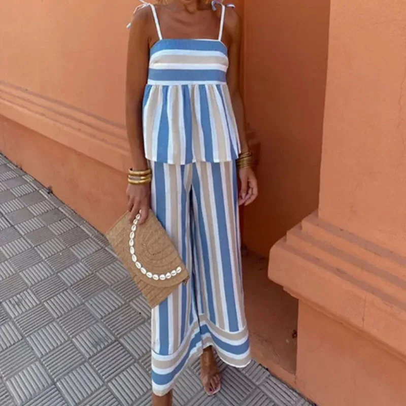 

Sexy Off Shoulder Tie-up Sling Top & Straight Trousers Sets Elegant Stripe Printed Loose 2Pc Outfits Women Casual Long Pant Suit