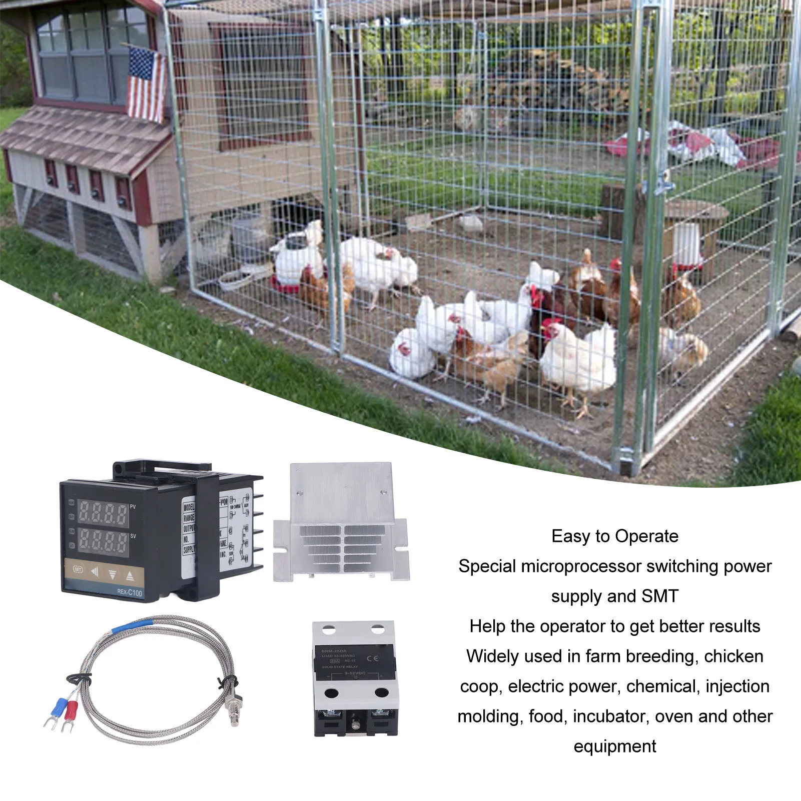 

Digital PID Thermostat Fast Self Adjusting PID Temperature Controller White Heat Sink K Thermocouple with SSR for Farm Breeding