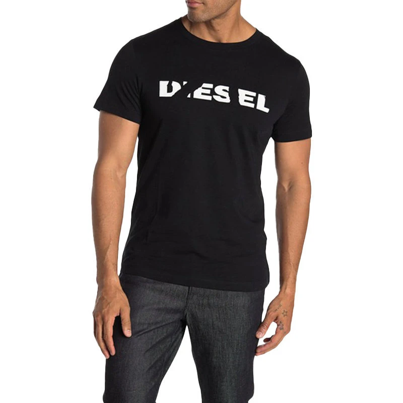 2026 DIESEL Cracked Letter Logo Print T-Shirt Unisex Black Short Sleeve Tee White Broken DIESEL Font Front Print Streetwear