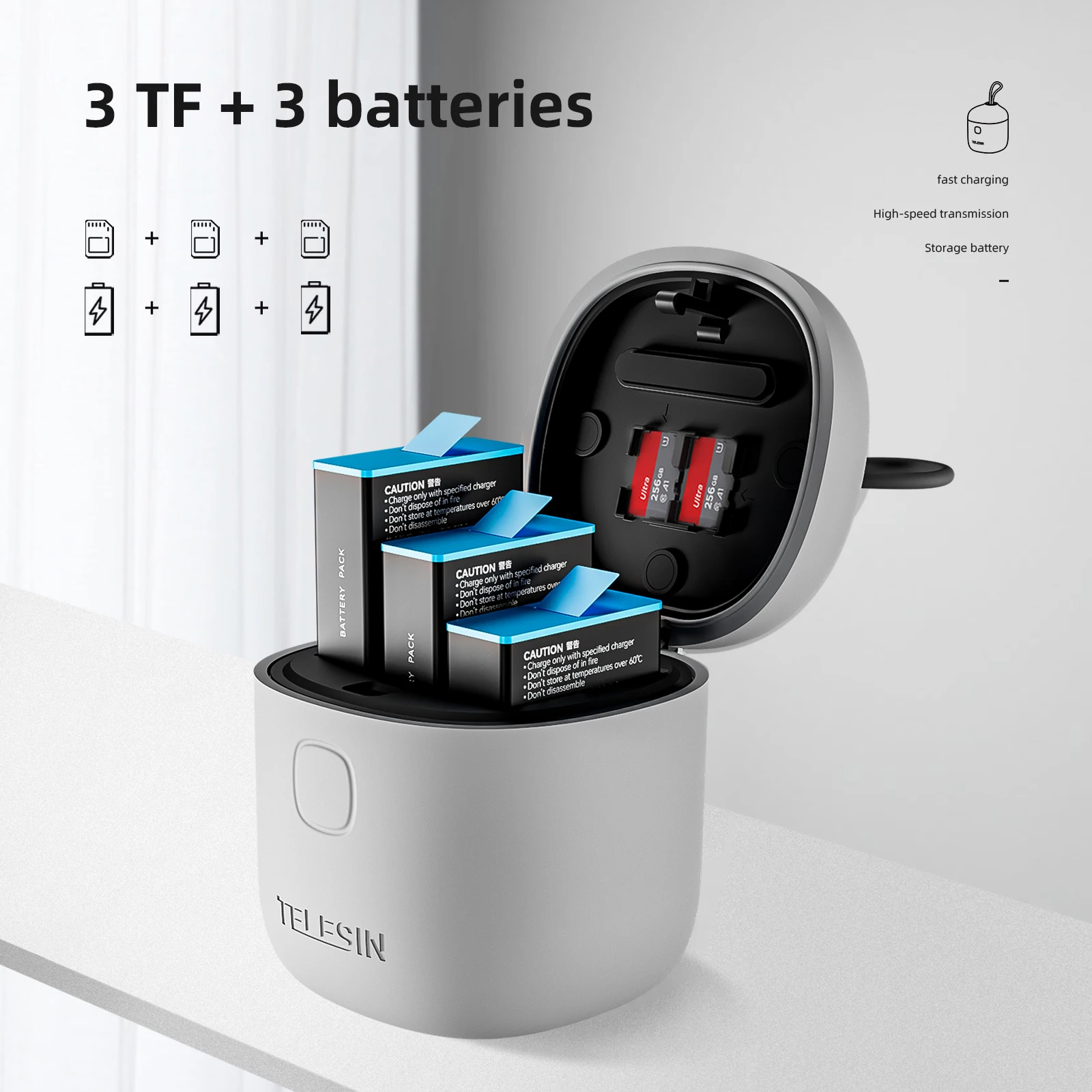 กล่องชาร์จแบตเตอรี่อเนกประสงค์3ทางพร้อมแบตเตอรี่สำหรับอุปกรณ์เสริมกล้องถ่ายรูปแอคชั่น GoPro HERO 12 11 10 9