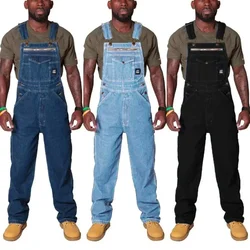 Men Jeans Washing Denim Mid Waist Full Length Overalls Zipper Fly Pockets High Street Straight Pants 2025 Patchwork jumpsuits
