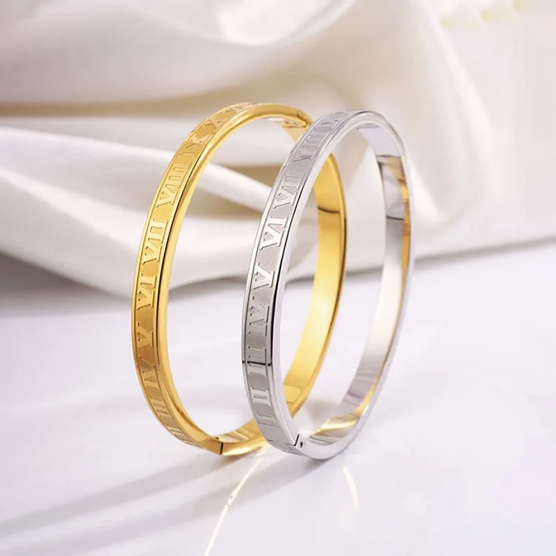 

Vintage Trendy Roman Numeral Stainless Steel Bangle Bracelet for Women Gold Silver Tone Vintage Titanium Steel Cuff Jewelry Gift