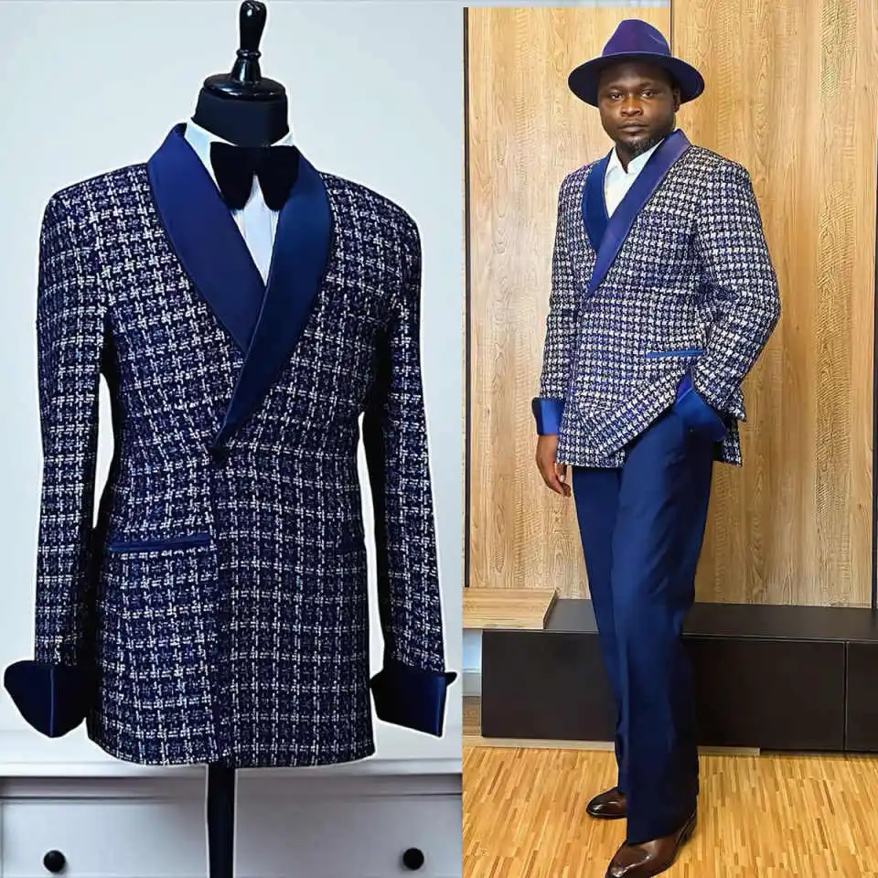 

Fashion Men's Plaid Suit 2 Piece Shawl Lapel One Button Jacket Blazers Classic Fit Formal Tuxedos For Wedding Party Custom Made