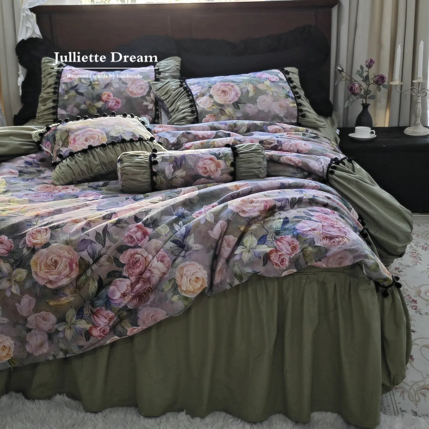European Digital Ink Wash Painting Bedding Set, Cotton Hand-Pleated Ruffle Bed Sheet Set, Duvet Cover of Artistic Floral Design