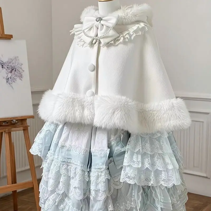 Cute  Ear Woolen Cloak Warm Snuggly Lolita Style Sweetness Female Outerwear Spring Autumn Winter Fashion Kawaii Coat