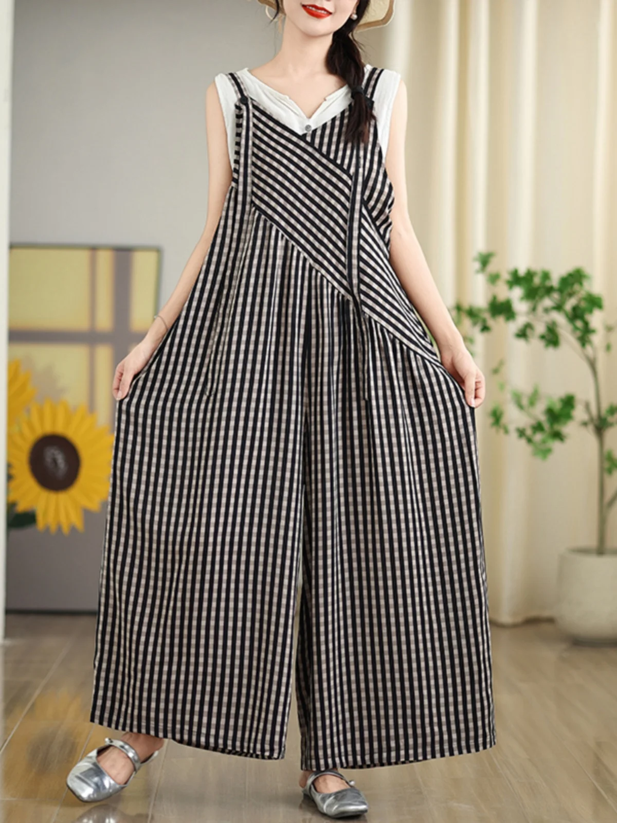 بدلة صيفية واسعة الأرجل من القطن والكتان للنساء، بدون أكمام، برقبة على شكل V، بنطلون عالي الخصر، أنيق وعصري للاستخدام اليومي.