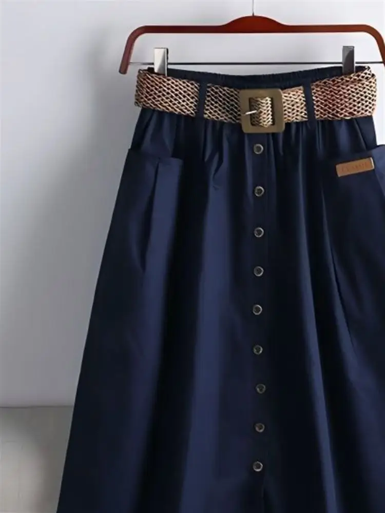 

High Waist Elastic A-Line Skirt Spring Summer New Korean Sle with Big kets Slit Slimming Midi Pure Color Skirts