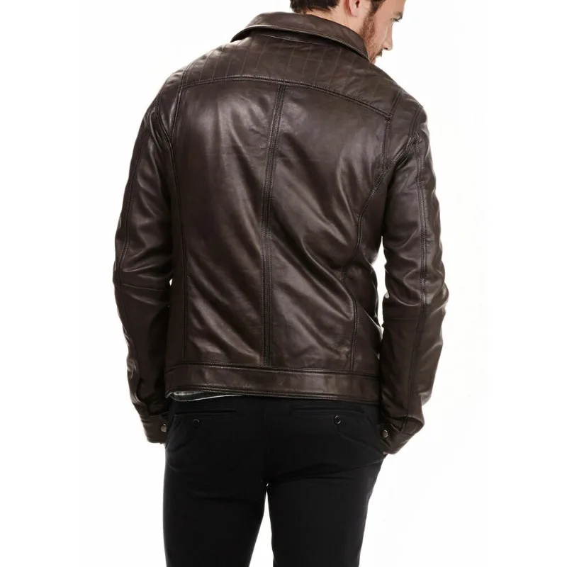 Men's Biker Leather Jacket Brown Lambskin Zipper Closure Winter Cover