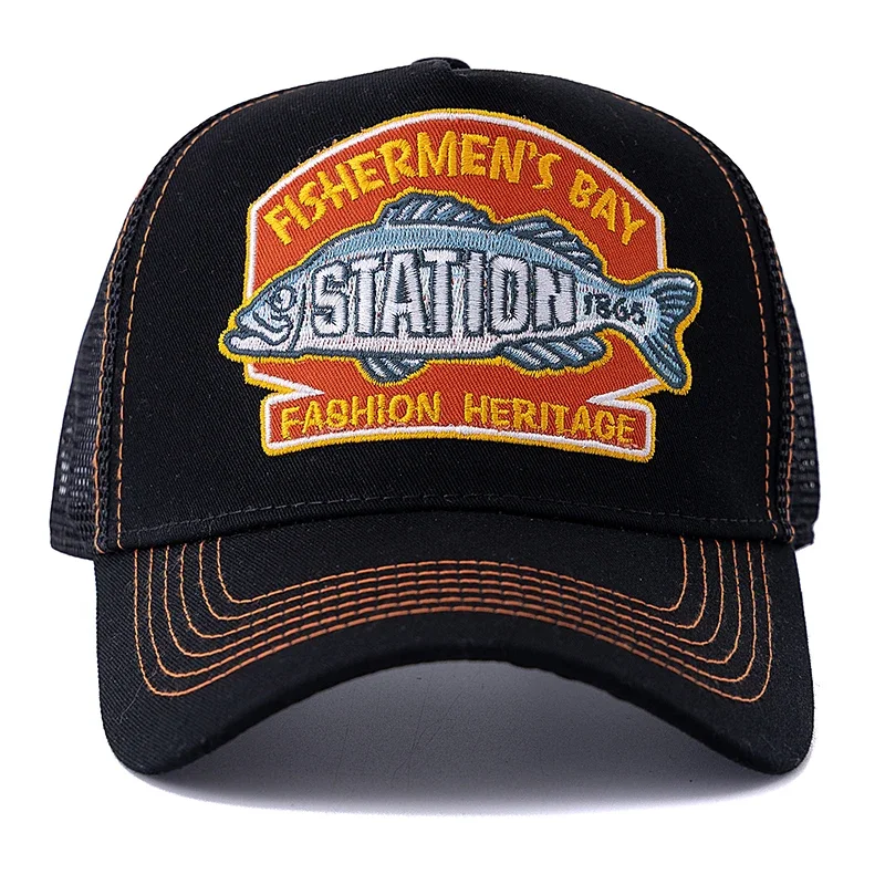 رائجة البيع الأسماك الكبيرة المطرزة تنفس شبكة قبعة سائق الشاحنة الرجال النساء قبعة الصيد Snapback قبعة الصيد في الهواء الطلق