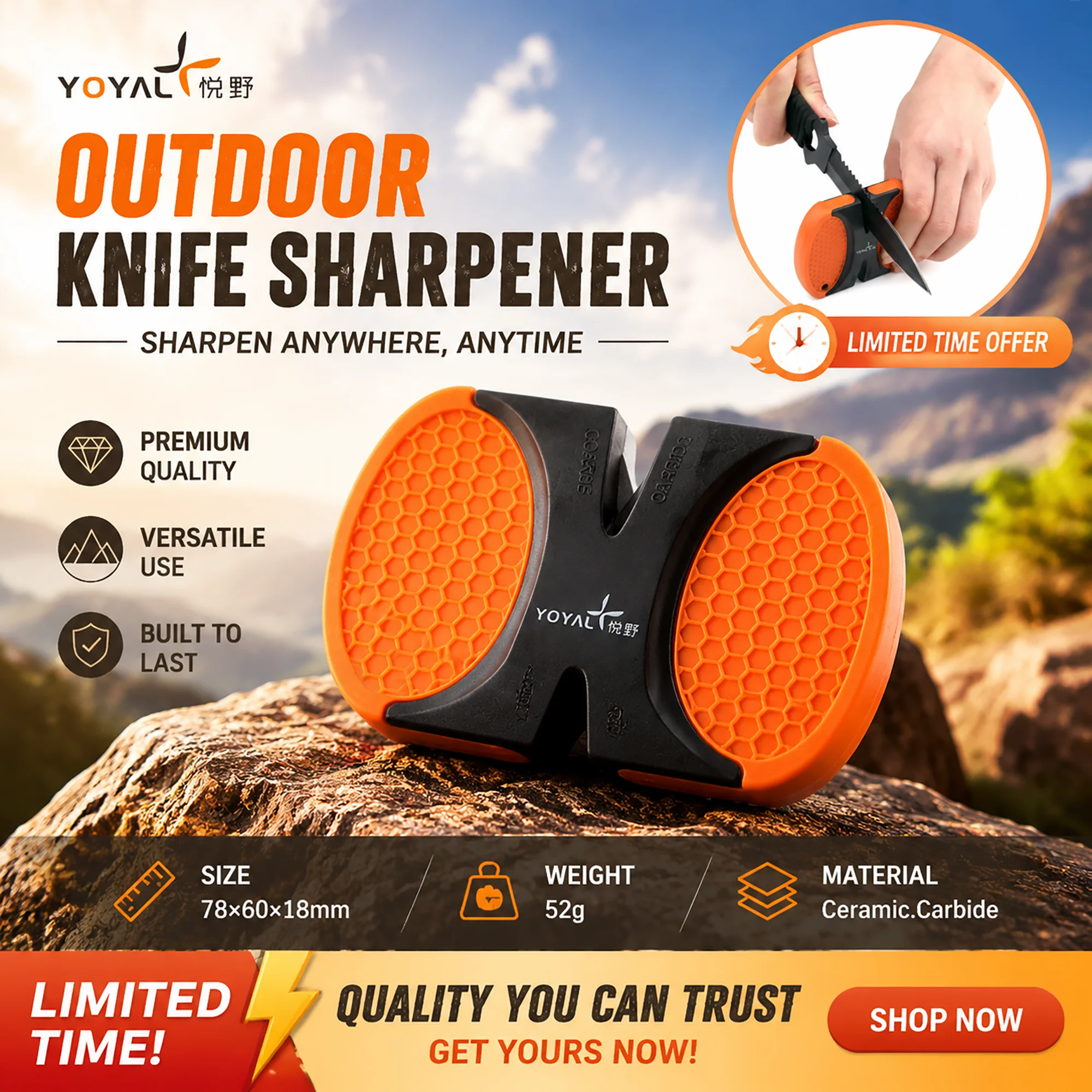 Portable 2-Step Knife Sharpener Coarse & Fine Slots Outdoor Handheld Tool for Hunting Fishing Fillet Pocket Knives