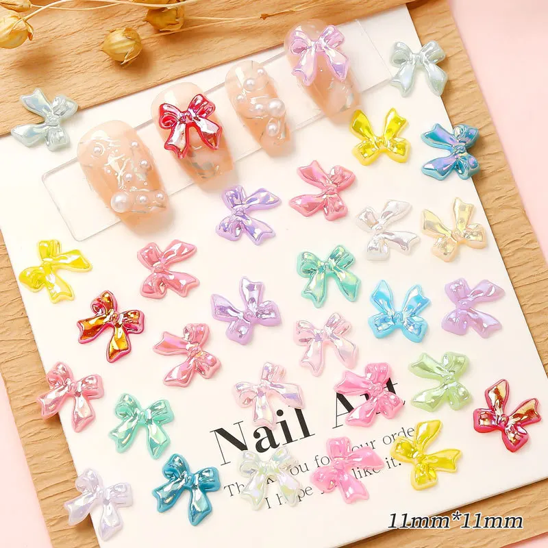 30PCS Shiny Resin Bow Nail Charms Parts Colorful Pearl Luster Bowknot Accessories For 3D Nail Art Decoration Supplies Manicure