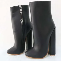 Black Mid Calf Zipper Leather Boots Chunky Heel Fashionable Sexy Cool 2024 Winter Big Size Woman Shoes Zapatillas Mujer