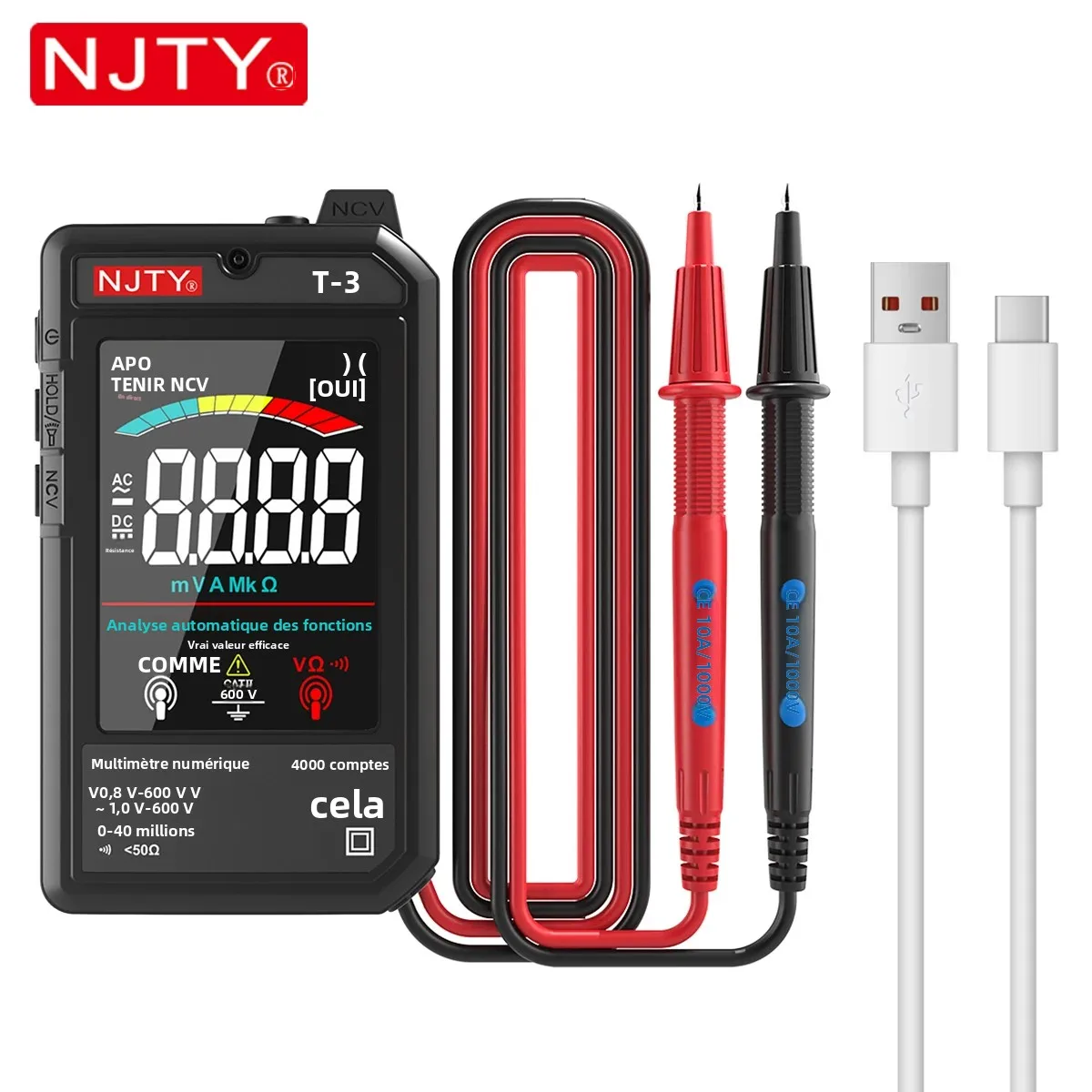 NJTY T3 multimètre numérique intelligent type-c charge automatique 4000 points Ultra-mince NCV fil sous tension affichage couleur multimètre outil