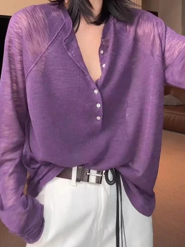 

Korean Sle Loose Fit Thin Knitted Sun Protection Top Men Women Early Autumn Long Sve f Open Collar T irt Large Size