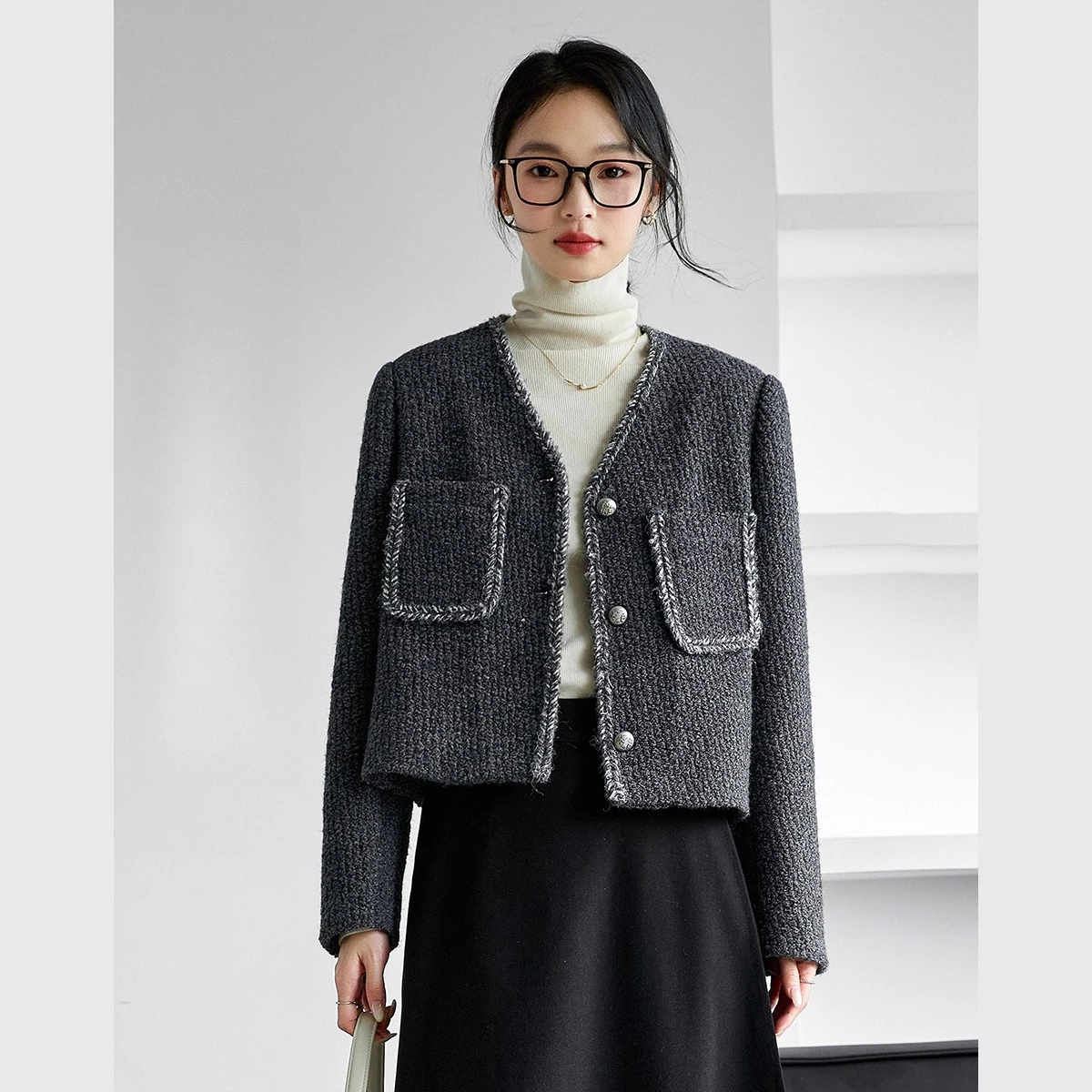 

VIMLY элегантные женские серые куртки офисная одежда стеганая твидовая женская куртка 2025 зимняя роскошная шерстяная женская короткая куртка M9379