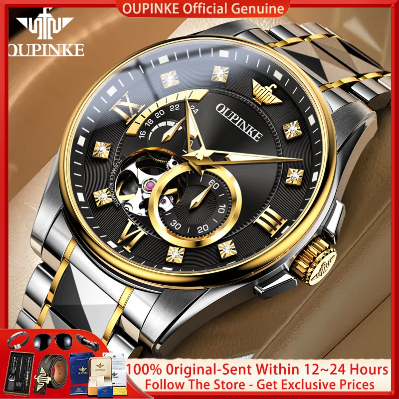 OUPINKE 3245 Luxury Watch Tungsten Steel Waterproof Chronograph Brand Movement Flywheel Hollow Men Automatic Mechanical Watch